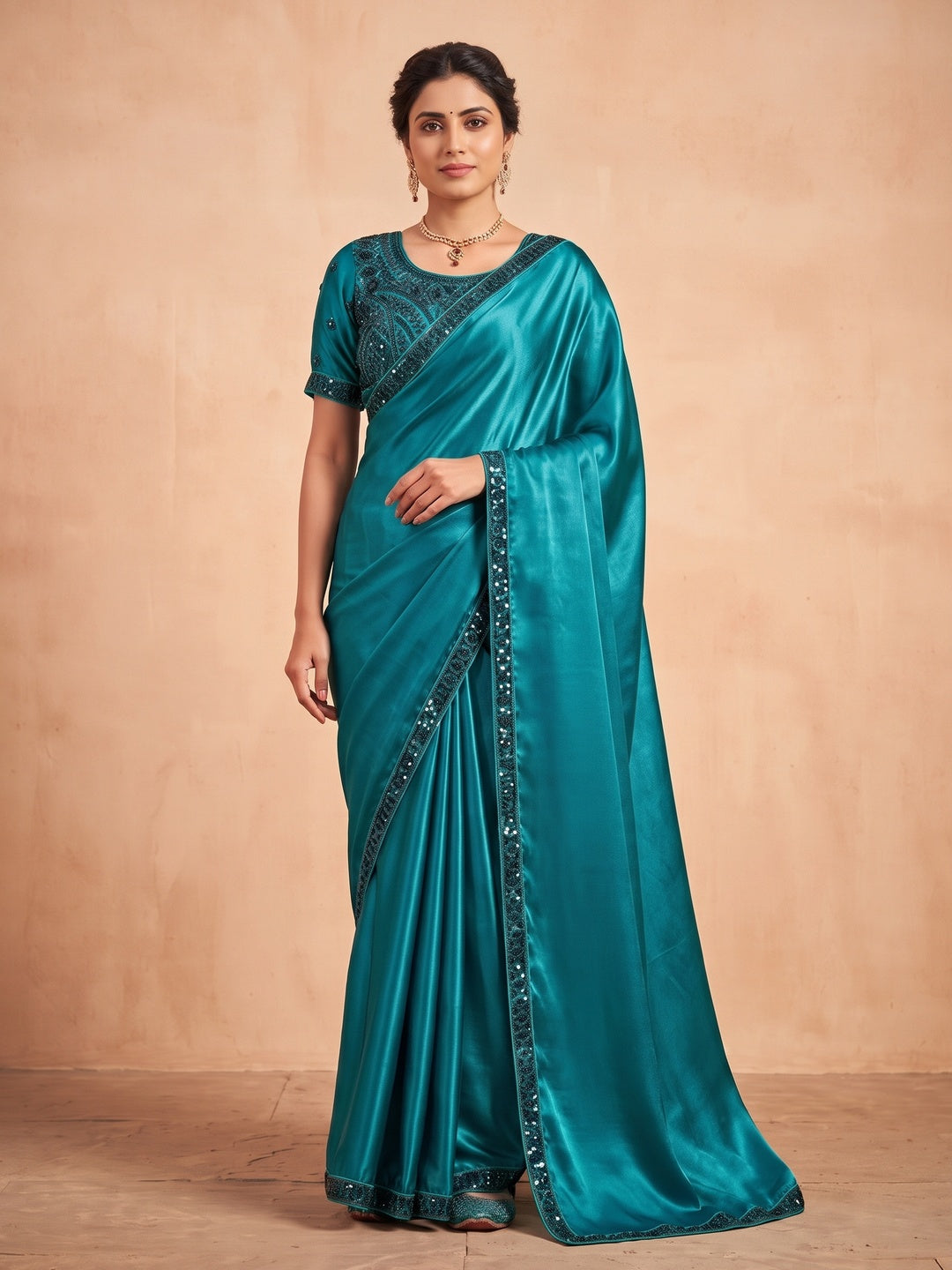 Peachmode Teal Blue Fendy Satin Saree With Embroidered Stitched Blouse - Image 4