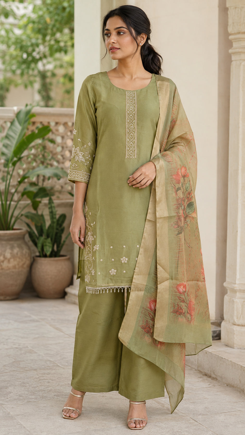 Peachmode Olive Chanderi Silk Floral Embroidered Salwar Suit - Image 1