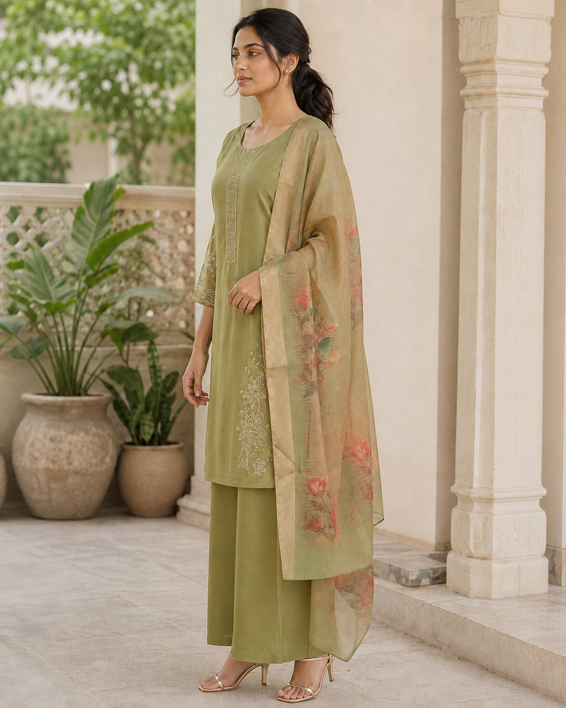 Peachmode Olive Chanderi Silk Floral Embroidered Salwar Suit - Image 3