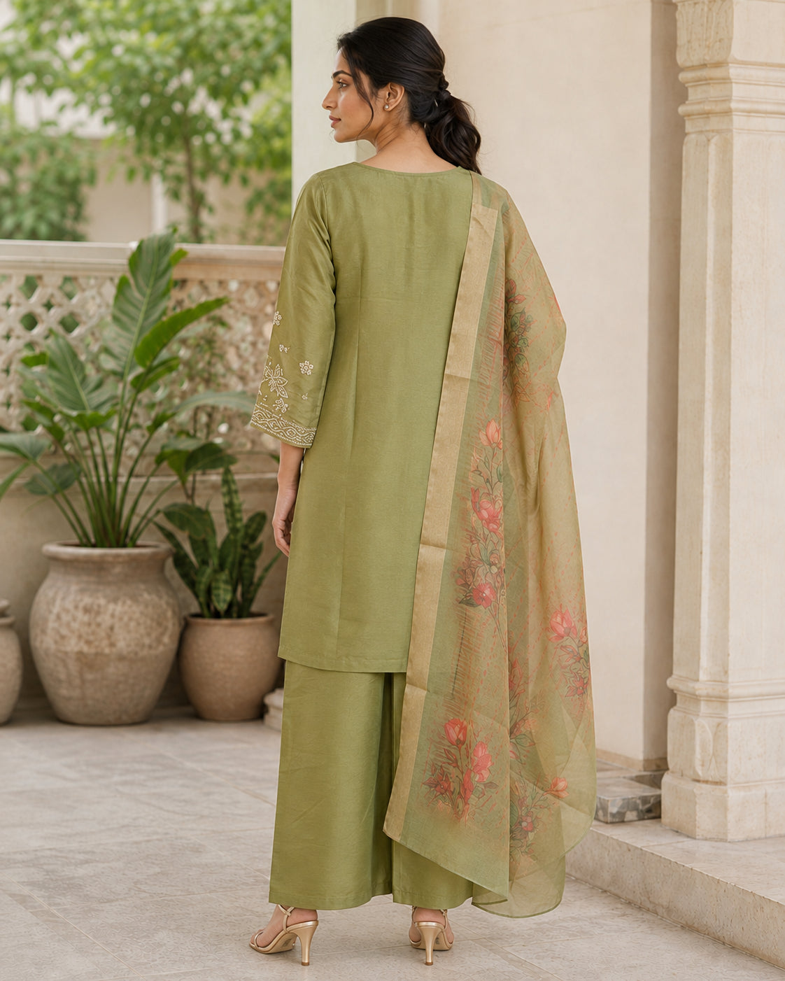 Peachmode Olive Chanderi Silk Floral Embroidered Salwar Suit - Image 4