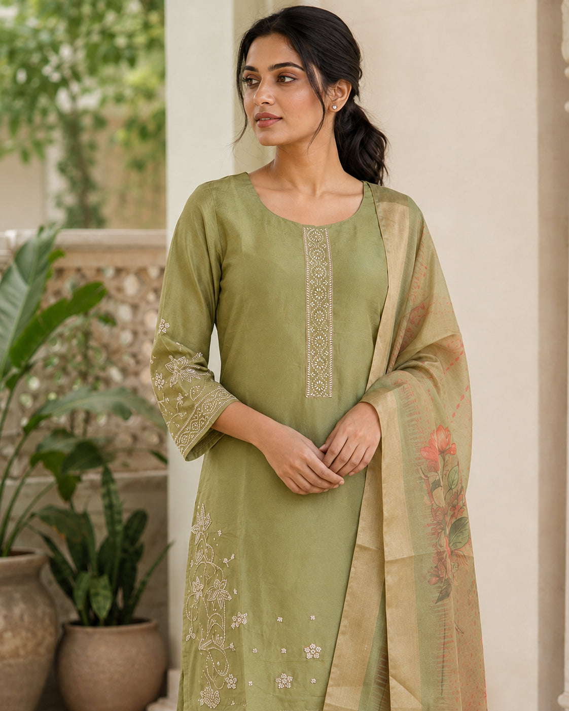 Peachmode Olive Chanderi Silk Floral Embroidered Salwar Suit - Image 5