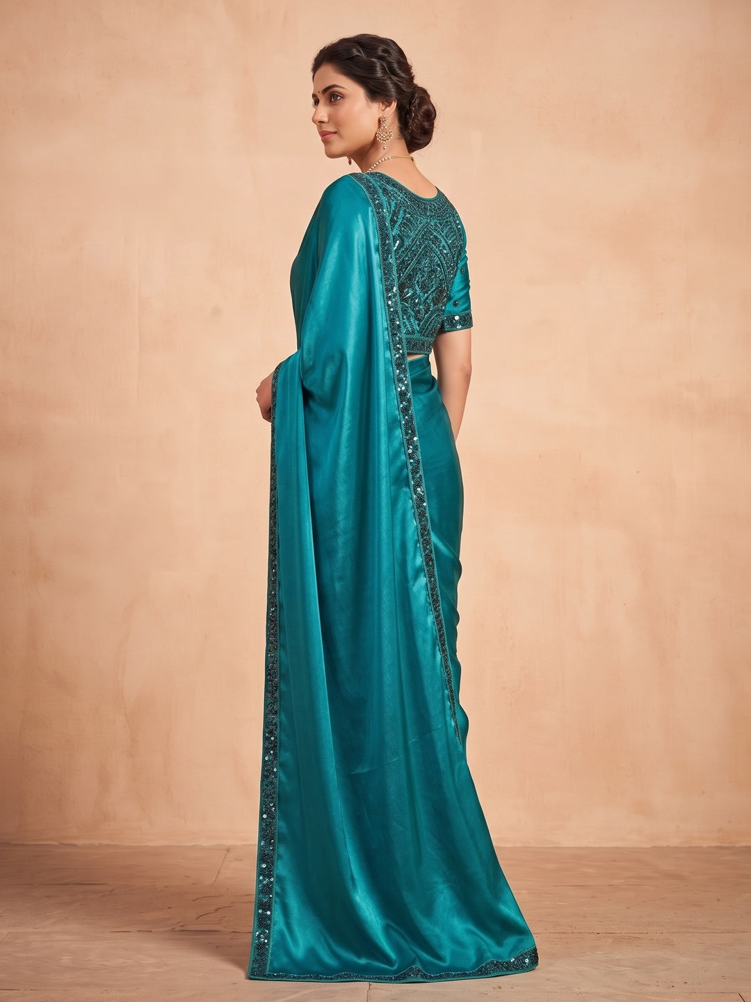 Peachmode Teal Blue Fendy Satin Saree With Embroidered Stitched Blouse - Image 5