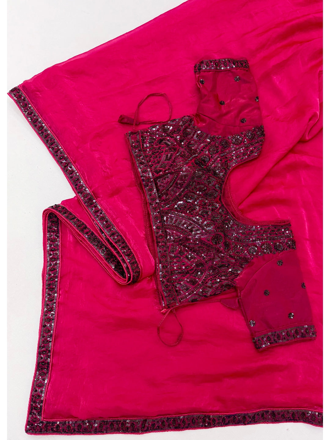 Peachmode Rani Pink Fendy Satin Saree With Embroidered Stitched Blouse - Image 2