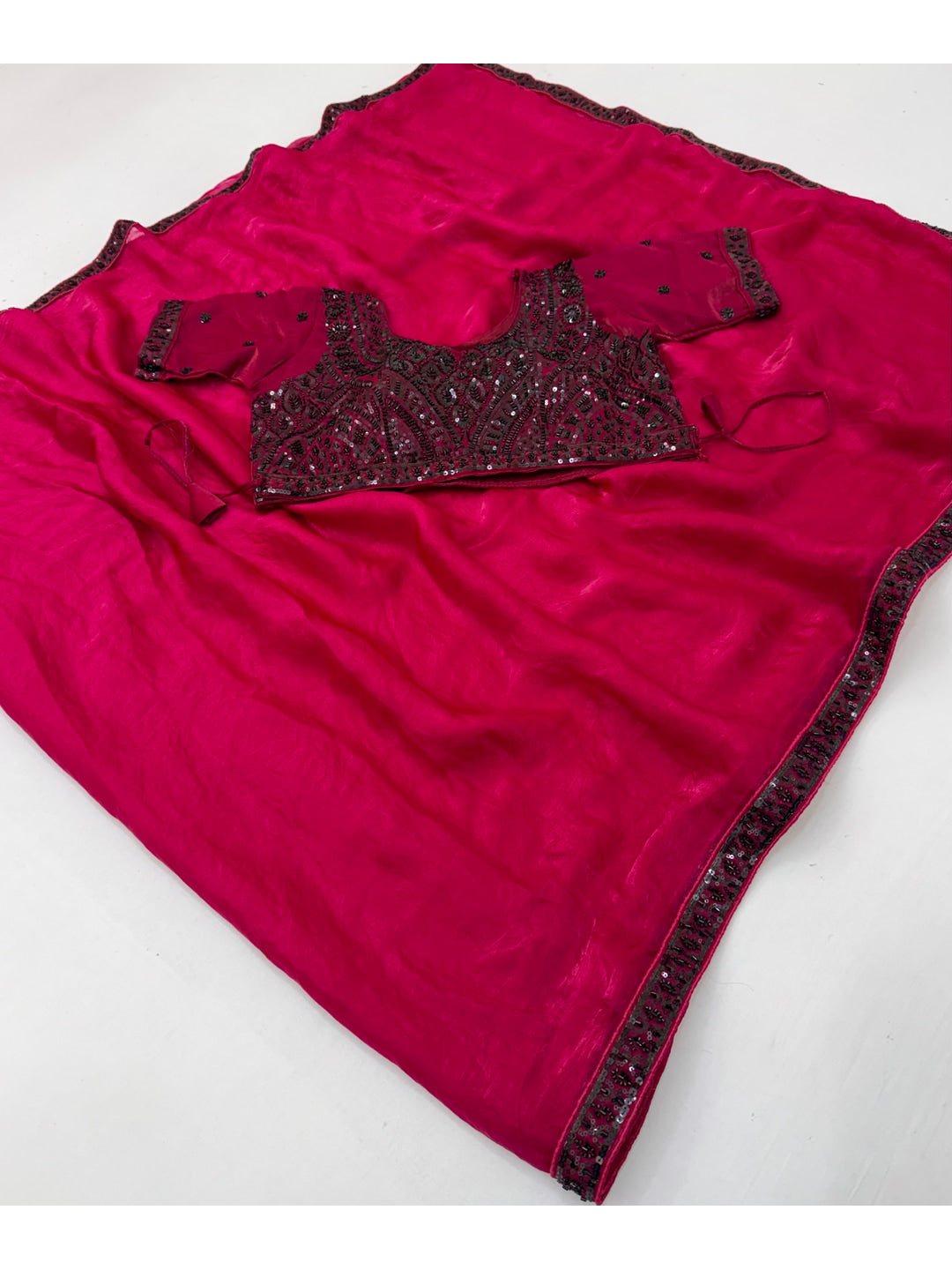 Peachmode Rani Pink Fendy Satin Saree With Embroidered Stitched Blouse - Image 3