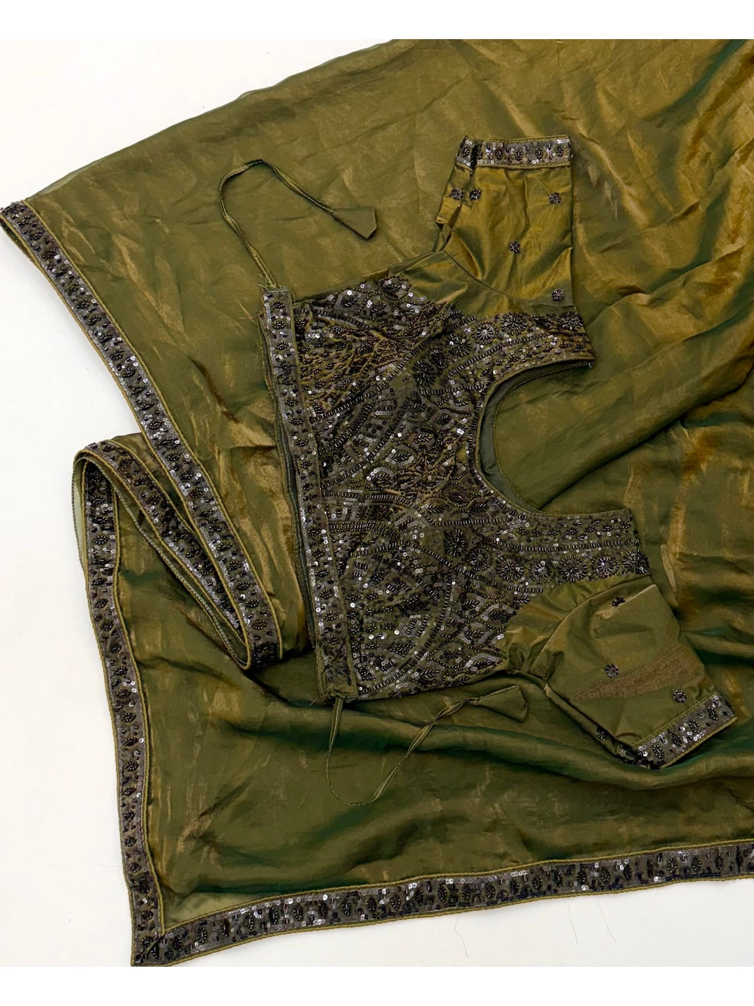 Peachmode Mehendi Green Fendy Satin Saree With Embroidered Stitched Blouse - Image 2