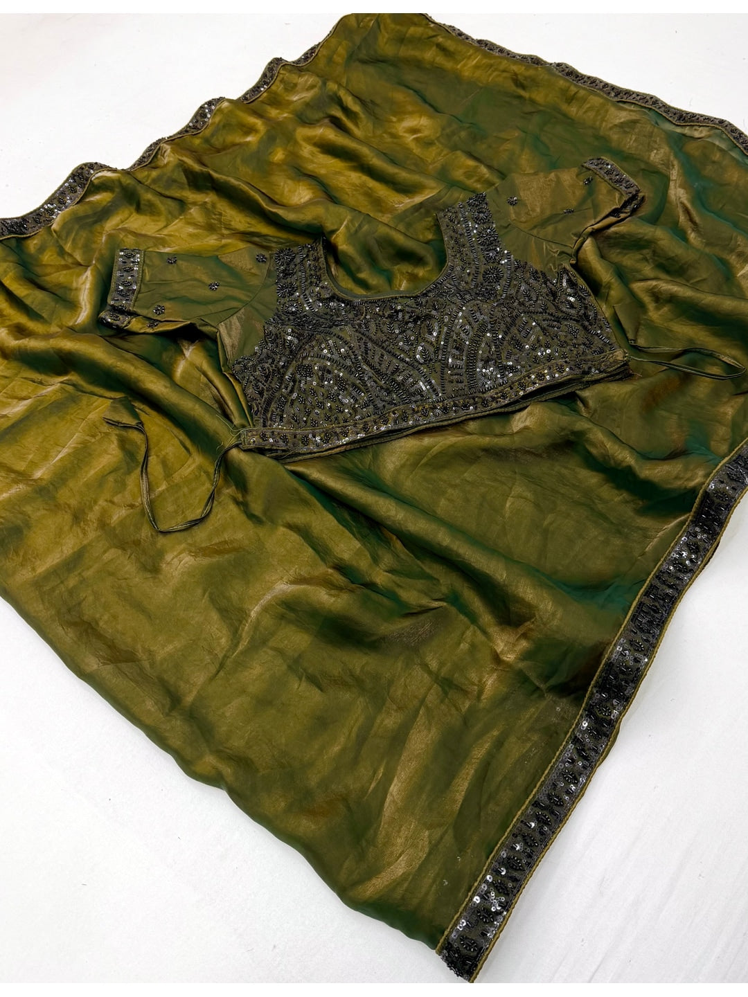 Peachmode Mehendi Green Fendy Satin Saree With Embroidered Stitched Blouse - Image 3