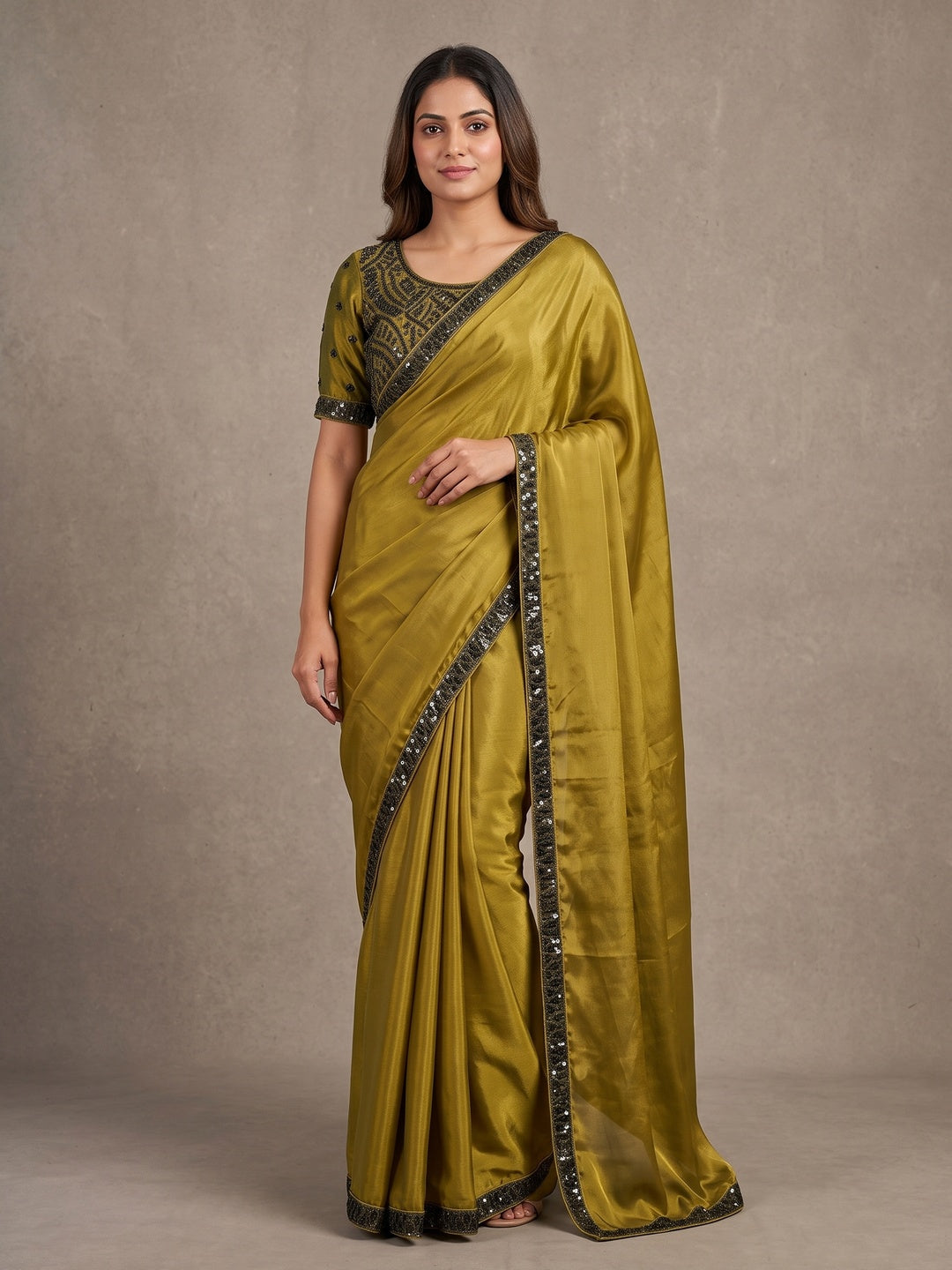 Peachmode Mehendi Green Fendy Satin Saree With Embroidered Stitched Blouse - Image 1
