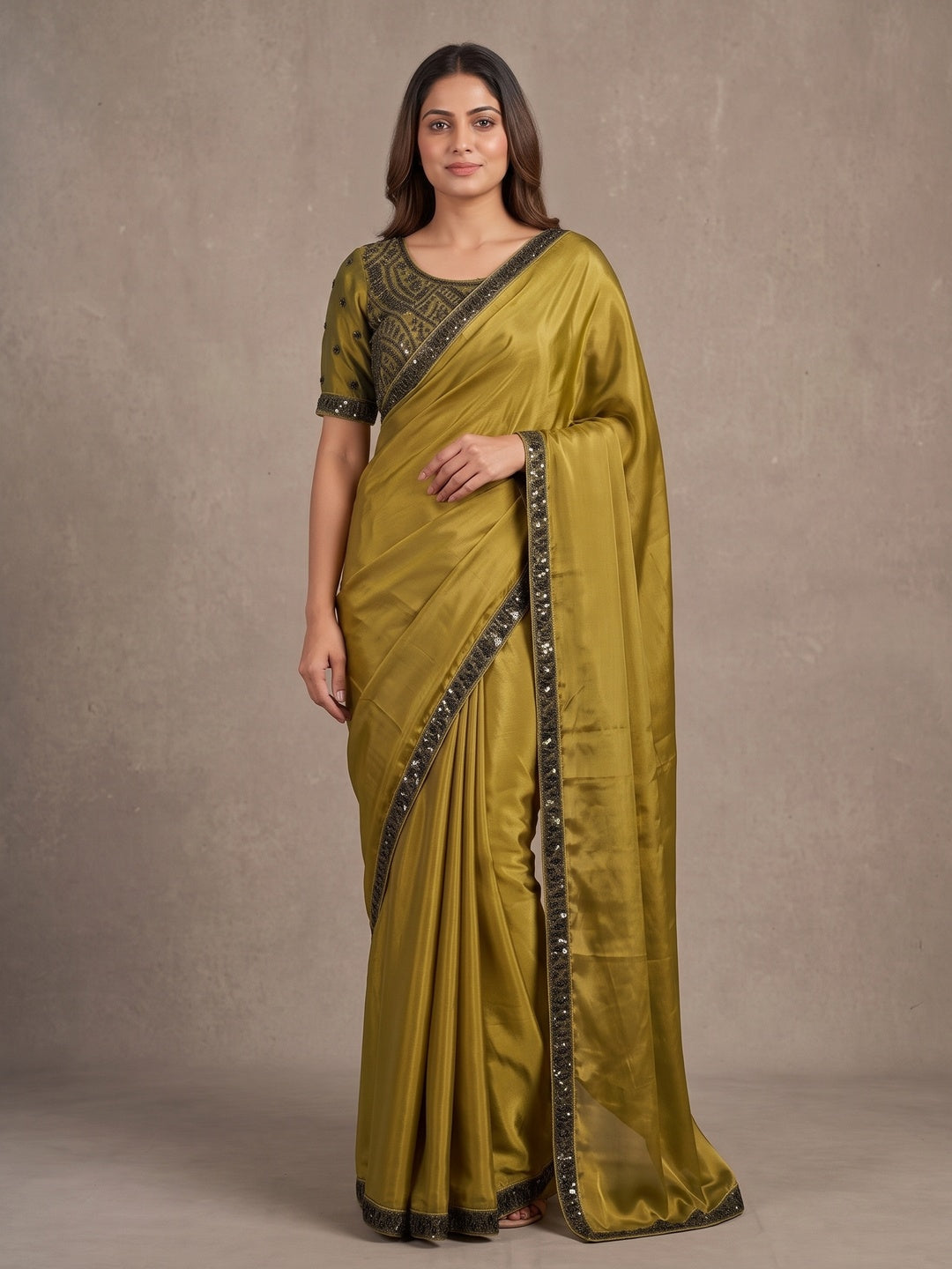 Peachmode Mehendi Green Fendy Satin Saree With Embroidered Stitched Blouse - Image 4