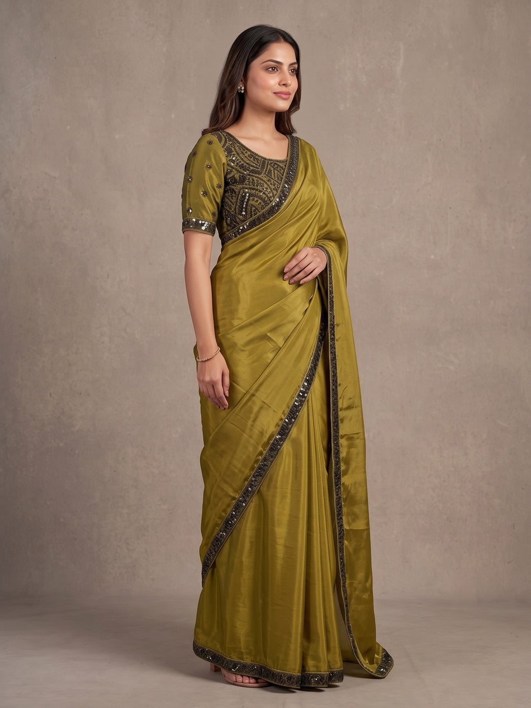 Peachmode Mehendi Green Fendy Satin Saree With Embroidered Stitched Blouse - Image 5