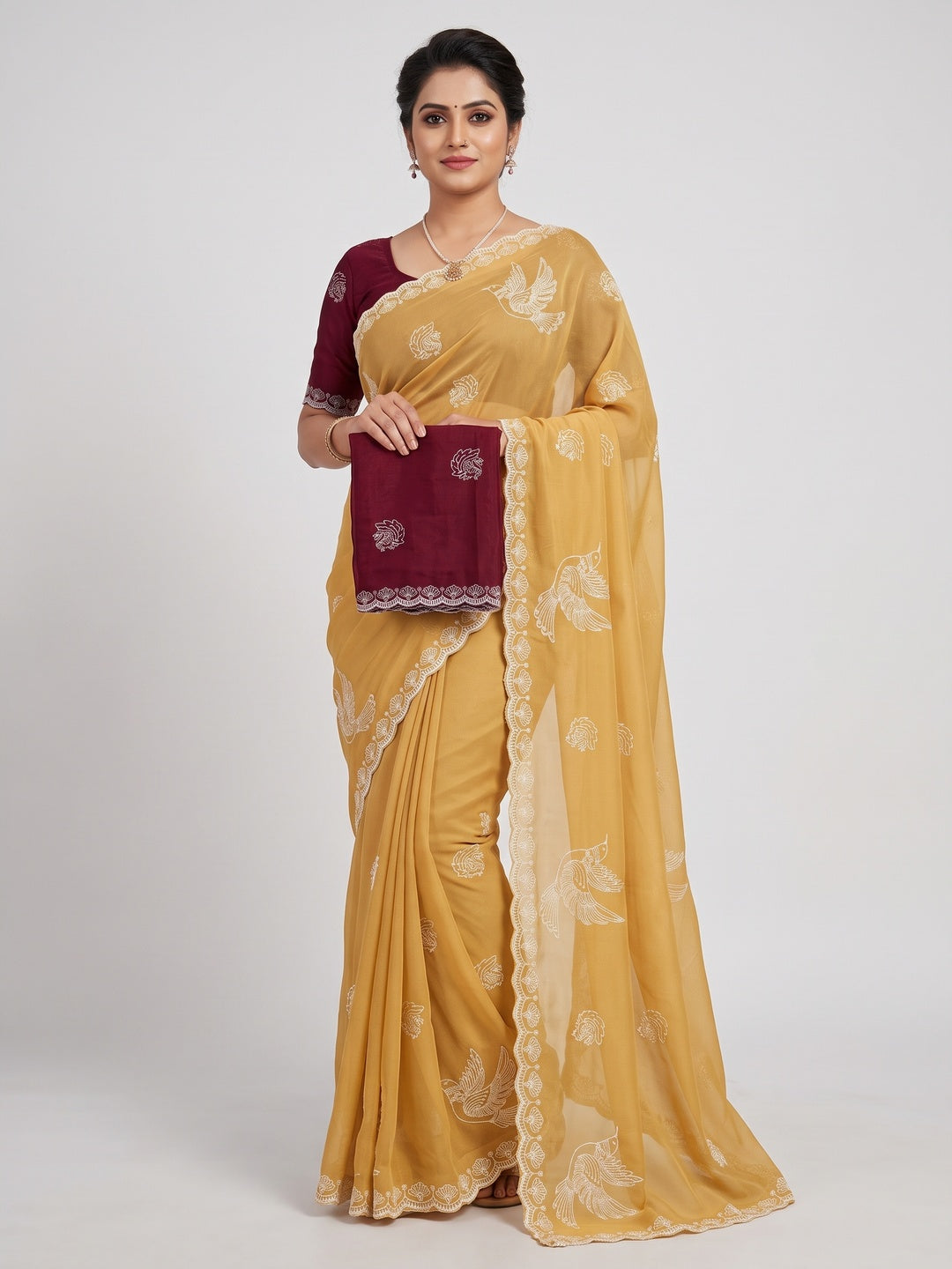 Lightweight Chiffon Saree in Yellow with Exquisite Thread Embroidered Detailing - Image 1