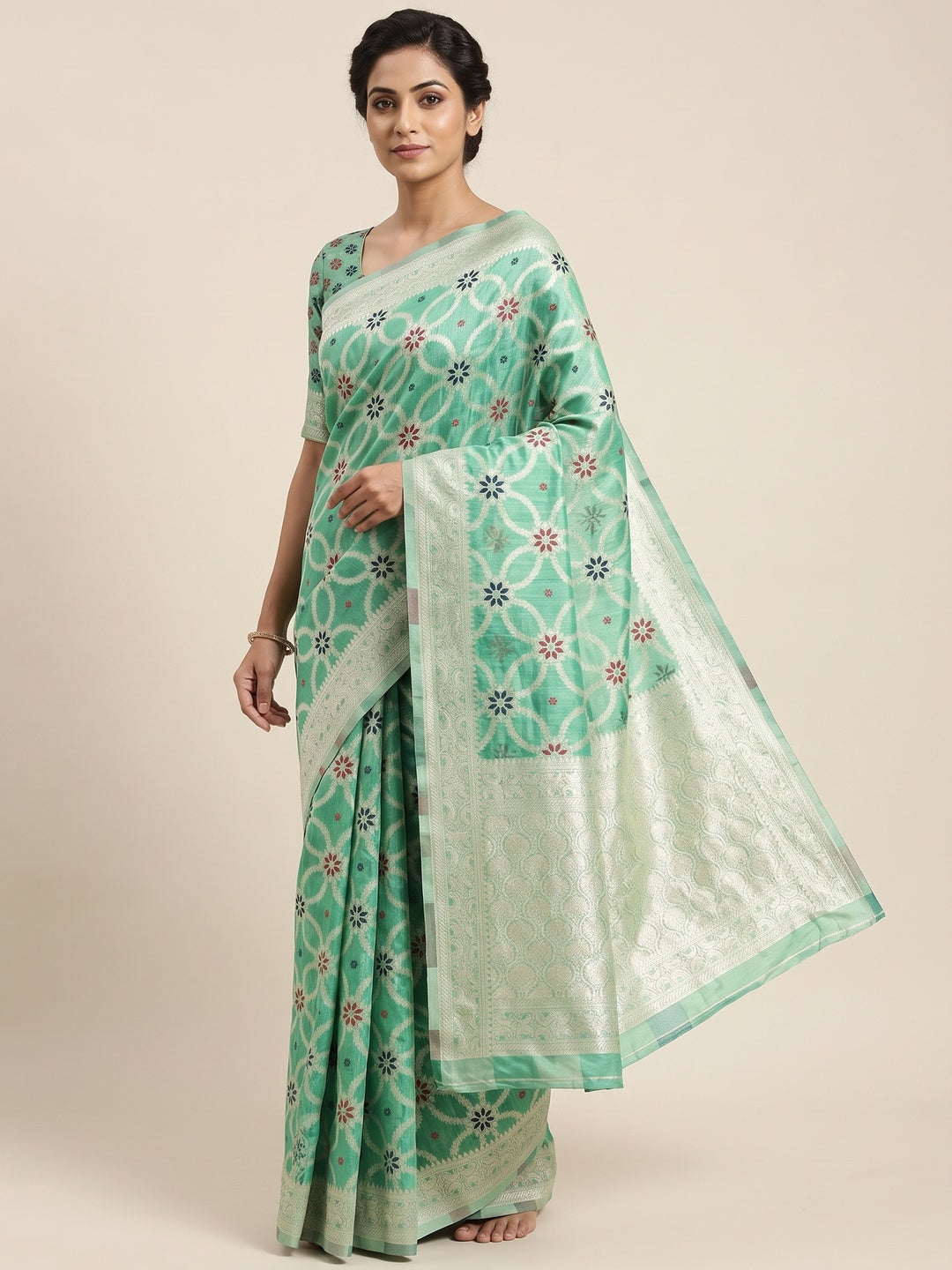 Rich Sea Green Saree in Banarasi Silk with Heritage Floral Zari Design - Image 1
