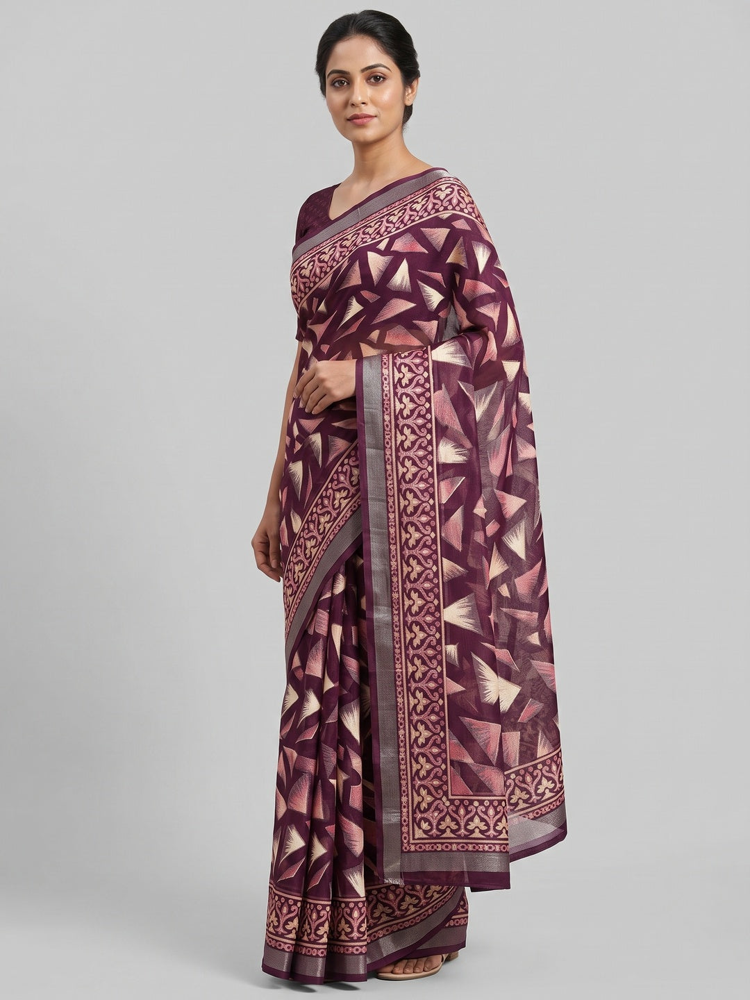 Wine Saree in Brasso with Contemporary Geometric Print - Image 1