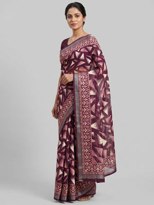 Wine Saree in Brasso with Contemporary Geometric Print - Image 1