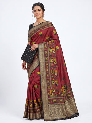 Majestic Maroon Elephant & Floral Printed Dola Silk Saree Featuring Intricate Weaving Border - Image 1