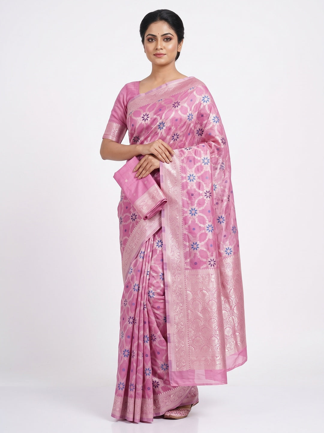Rich Pink Saree in Banarasi Silk with Heritage Floral Zari Design - Image 1