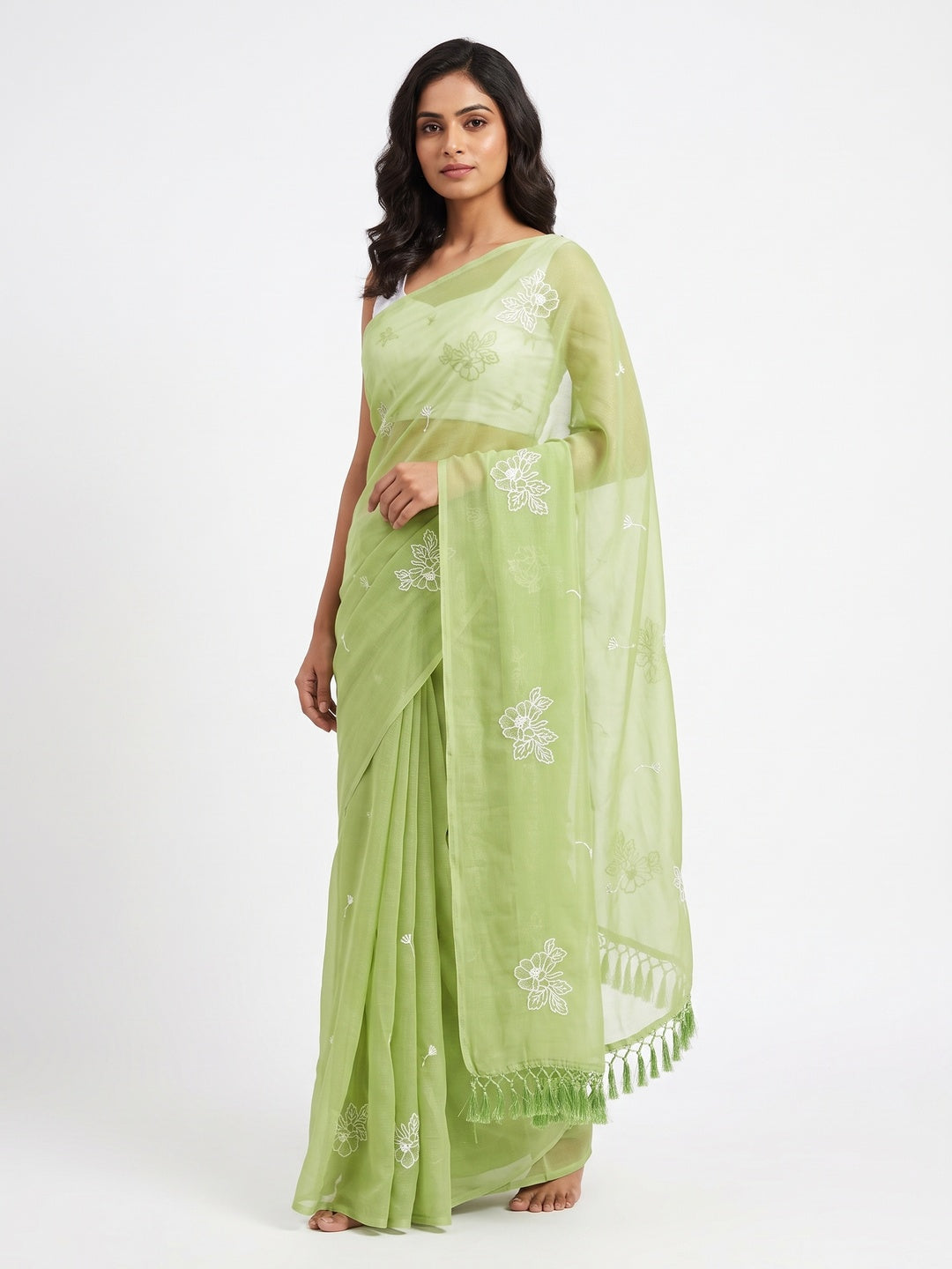 Designer Green Chiffon Saree with Intricate Floral Embroidery - Image 1