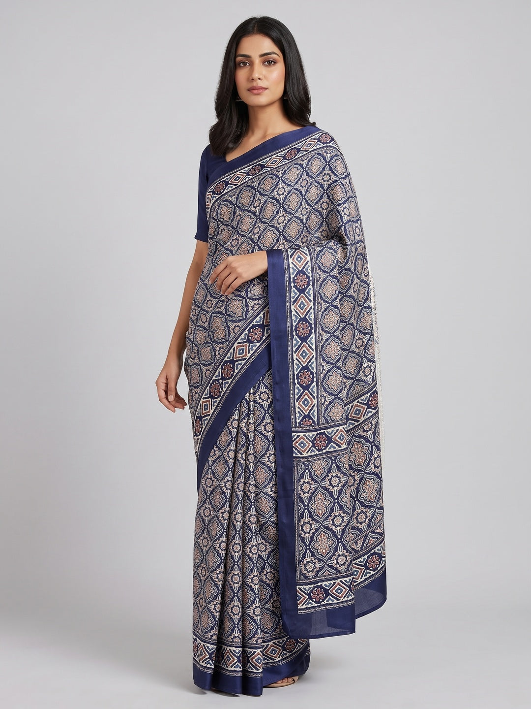 Charming Navy Blue Mill Printed Crepe Silk Saree Adorned With Vibrant Floral Design - Image 1