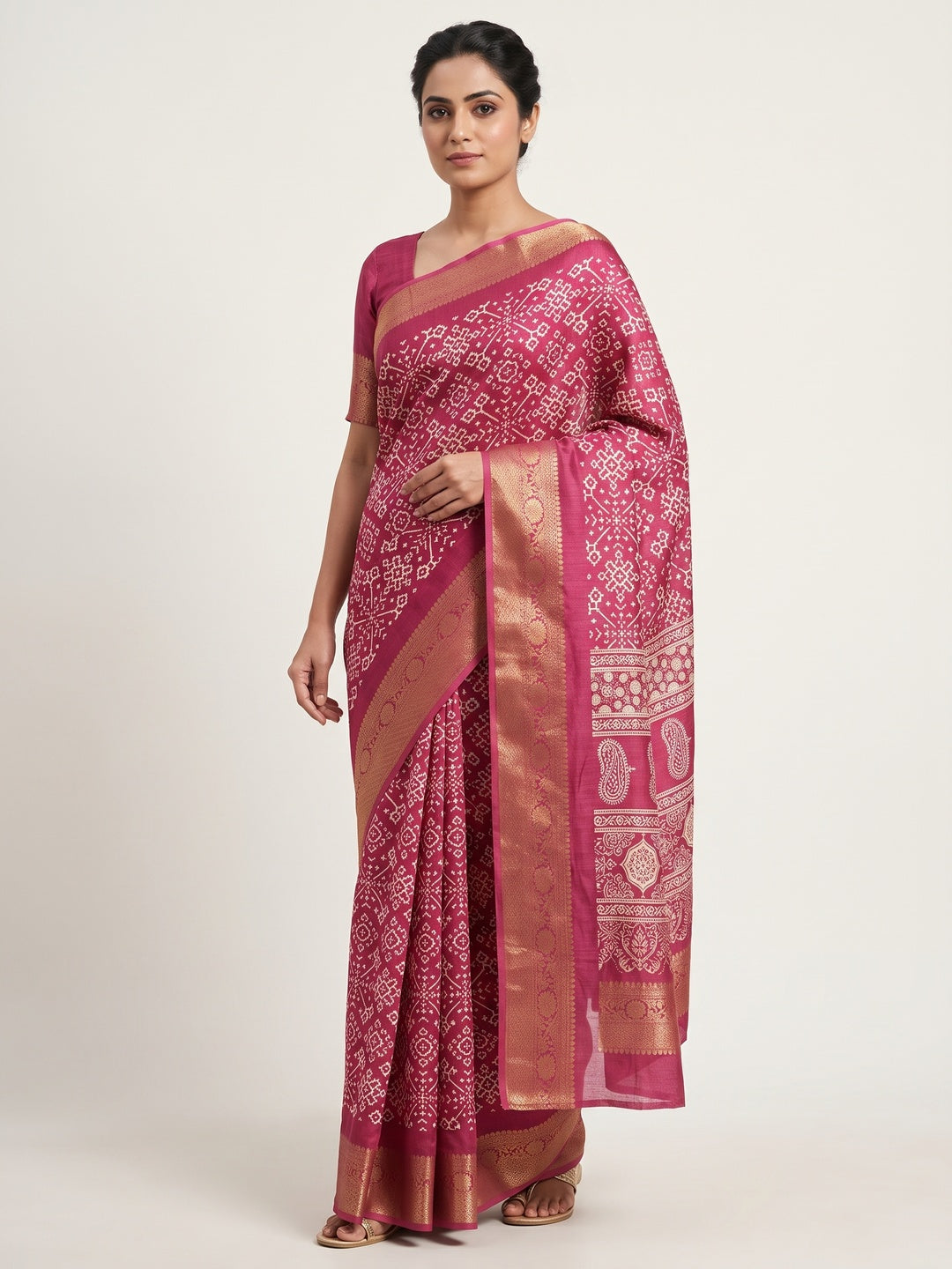 Contemporary Magenta Geometric Mill Printed Dola Silk Saree With Ornate Floral Zari Border - Image 1