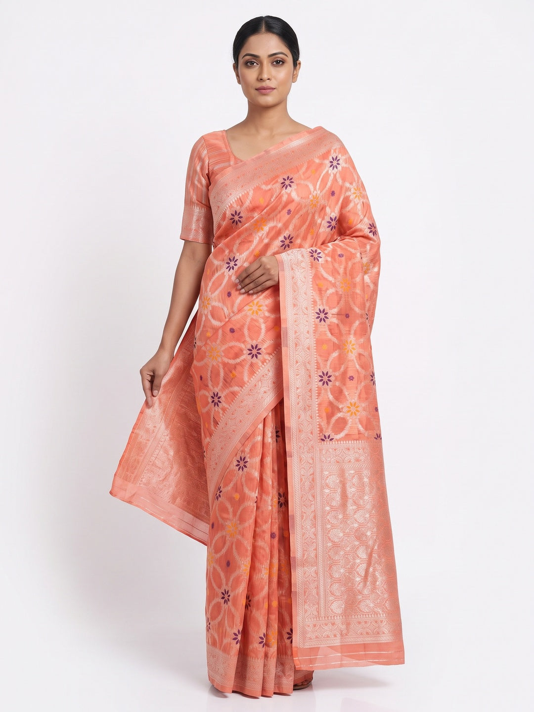 Rich Peach Saree in Banarasi Silk with Heritage Floral Zari Design - Image 1