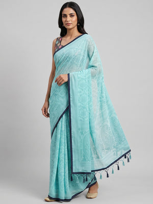 Turquoise Floral Printed Georgette Saree - Image 1