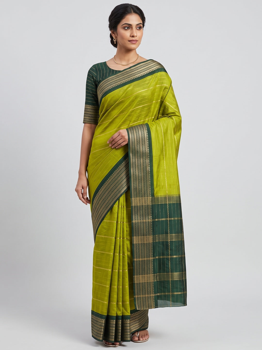 Parrot Green Jacquard Saree With Contemporary Striped Pattern Accented By Rich Zari Weaving - Image 1