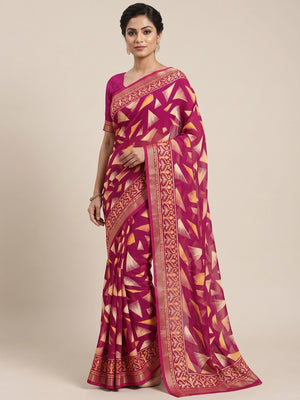 Magenta Saree in Brasso with Contemporary Geometric Print - Image 1