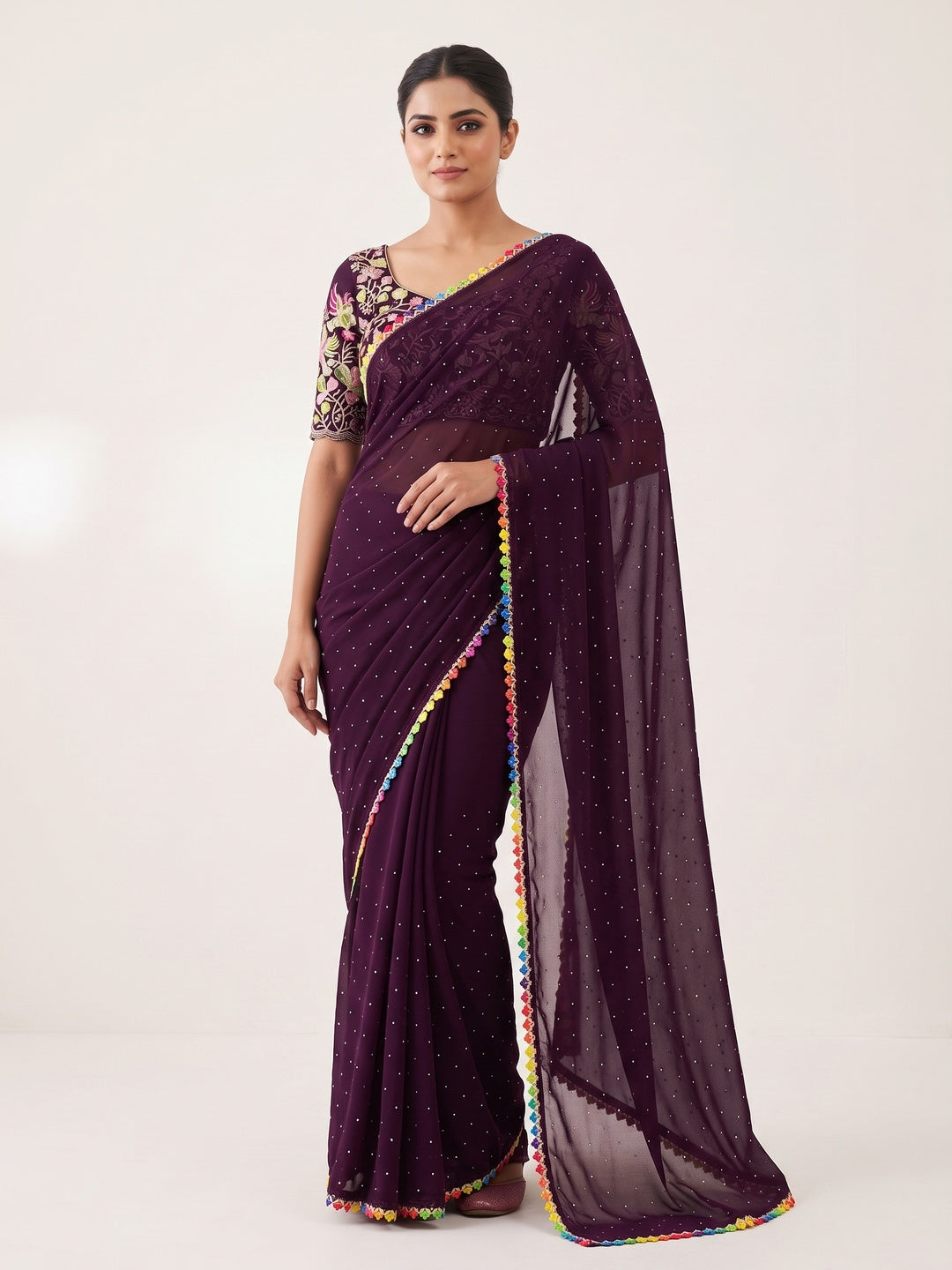 Wine Swarovski Work Embroidered Georgette Saree - Image 1