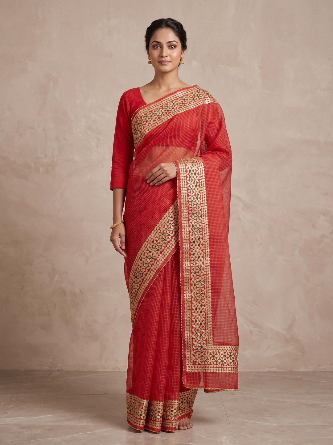 Red Ethnic Kota Doria Saree Designed with Beautiful Traditional Gota Embroidery - Image 4