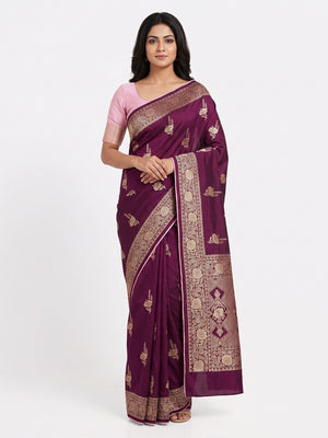 Purple Traditional Muslin Soft Saree Featuring Luxurious Meenakari Zari Patterns - Image 1