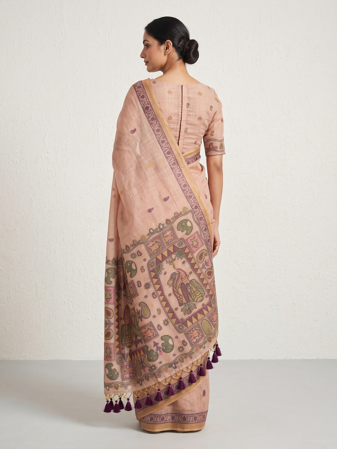Peach Woven Muga Cotton Silk Saree In Kalamkari Motifs On Pallu - Image 4