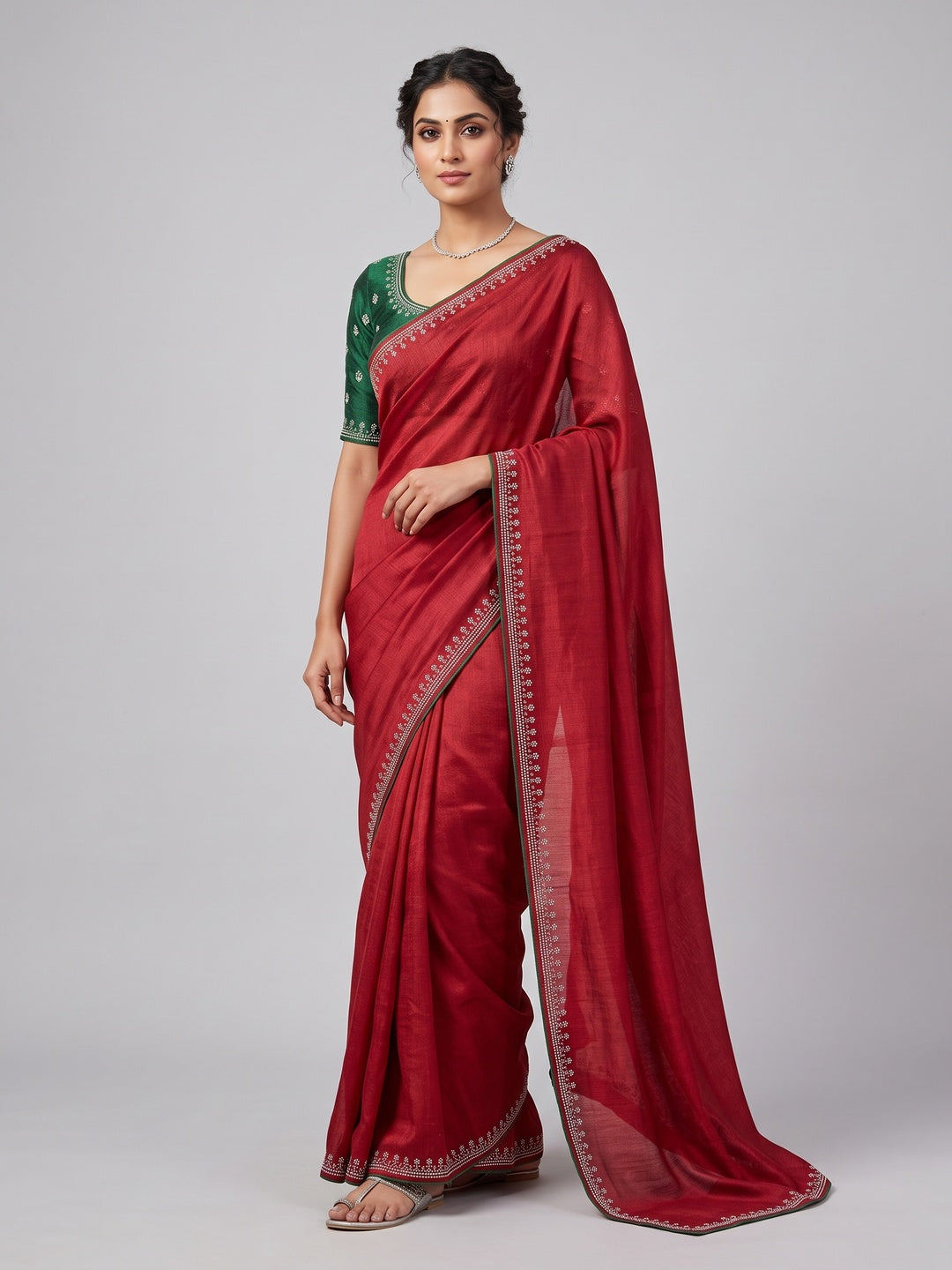 Red Partywear Vichitra Silk Saree Featuring Exquisite Swarovski Stone Work - Image 5