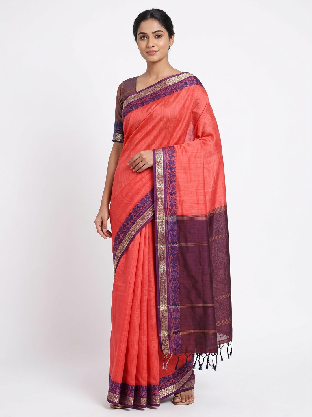 Coral Red Pure Handloom Silk Saree with an Elegantly Woven Jacquard Border - Image 1
