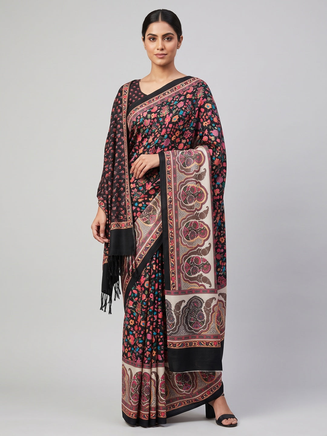 Black Floral Digital Printed Pashmina Saree With Shawl - Image 1