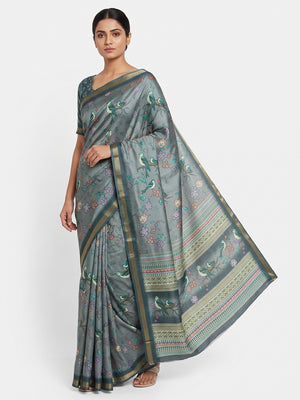 Grey Floral & Bird Digital Printed Dola Silk Saree With Elegant Zari Border - Image 1