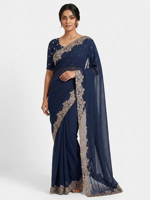 Stylish Blue Star Chiffon Saree with Traditional Zari Embellished Border - Image 1