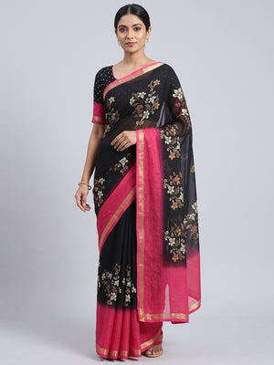 Black Floral Printed Moss Georgette Saree With Elegant Zari & Sequins Border Work - Image 1