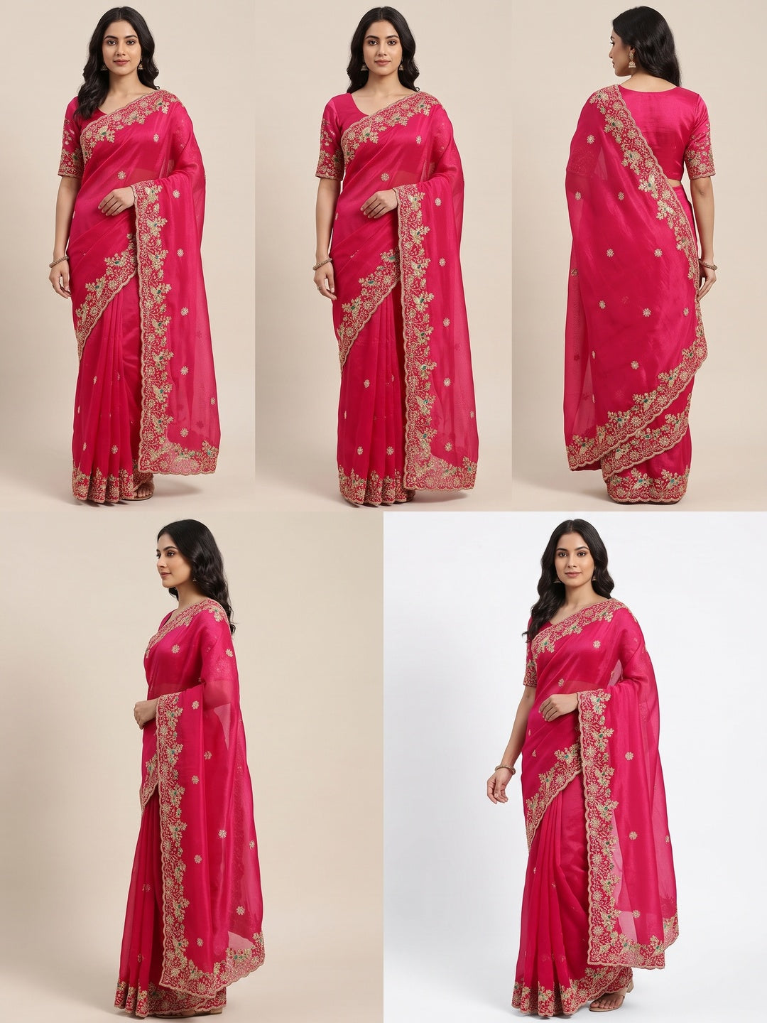 Pink Floral Embroidered Lightweight Organza Satin Silk Saree for Party and Festive Wear - Image 2
