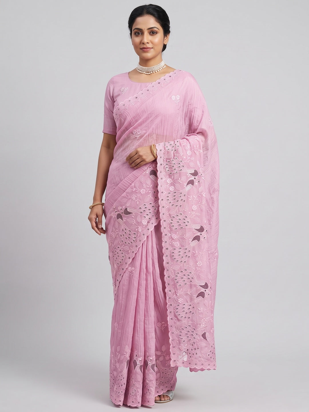 Pink Floral Sequins Embroidered Art Silk Crush Saree - Image 1
