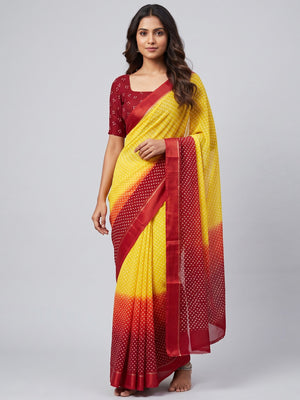 Designer Bandhani Saree in Yellow & Red Crafted from Soft Moss Georgette - Image 1