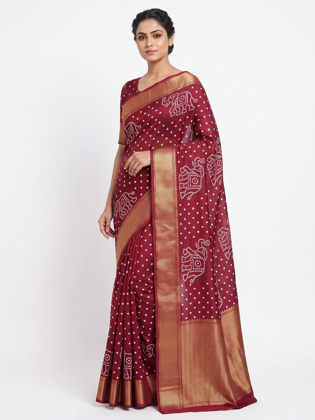 Maroon Dola Silk Saree Featuring Traditional Bandhani Print & Elegant Weaving Border - Image 1