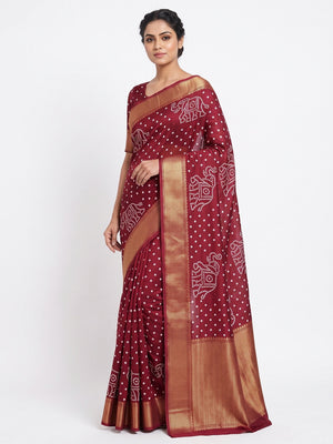 Maroon Dola Silk Saree Featuring Traditional Bandhani Print & Elegant Weaving Border - Image 1