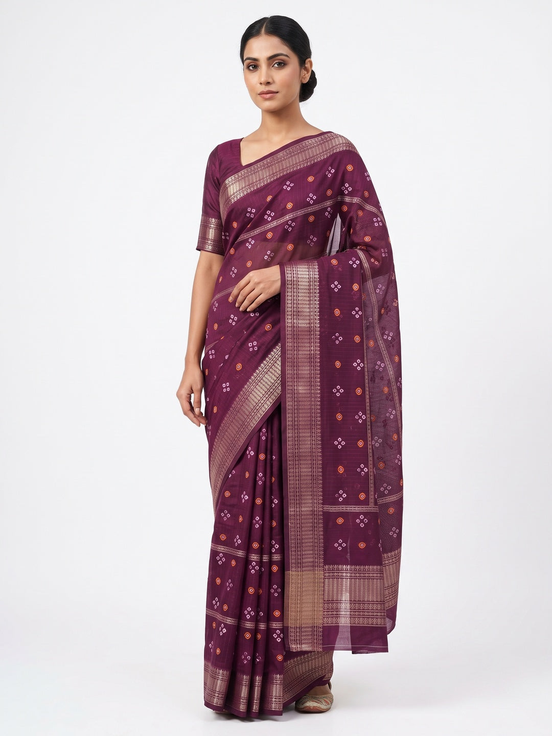 Classic Wine Art Silk Saree With Striped Weaving & Traditional Bandhani Print - Image 1