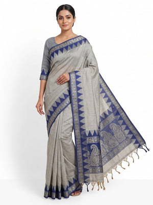 Ligth Grey Pure Silk Handloom Saree with Intricate Jacquard Weave - Image 1