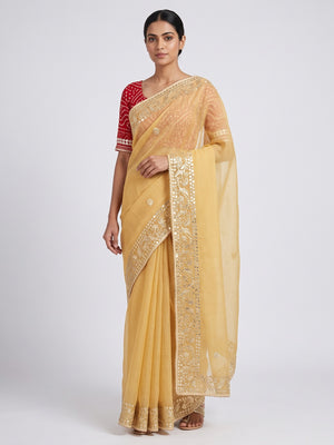 Yellow Pure Kota Doria Saree Adorned with Exquisite Gota Work Embroidery - Image 1