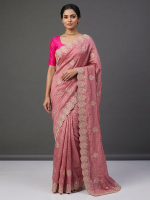 Classic Dusty Pink Silk Blend Crush Saree Beautifully Embellished With Floral Thread Embroidery - Image 1