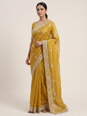 Mustard Cotton Blend Saree With Intricate Floral Thread Embroidery & Sparkling Sequins - Image 1
