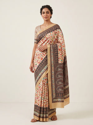 Cream Floral Digital Printed Pashmina Saree - Image 1