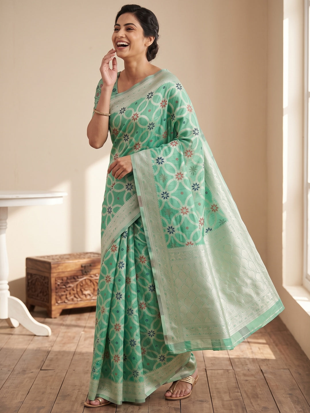 Rich Sea Green Saree in Banarasi Silk with Heritage Floral Zari Design - Image 4