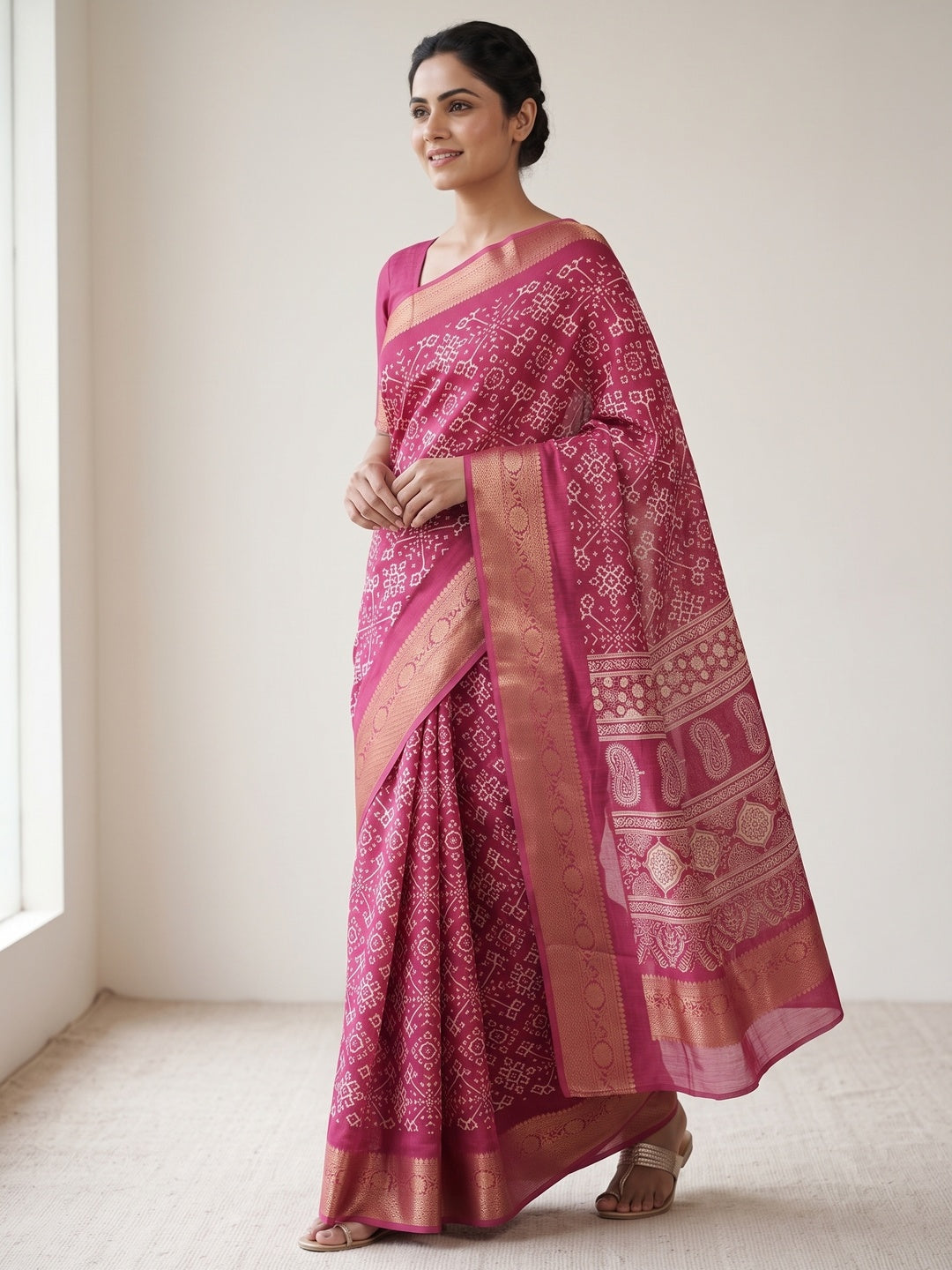 Contemporary Magenta Geometric Mill Printed Dola Silk Saree With Ornate Floral Zari Border - Image 4