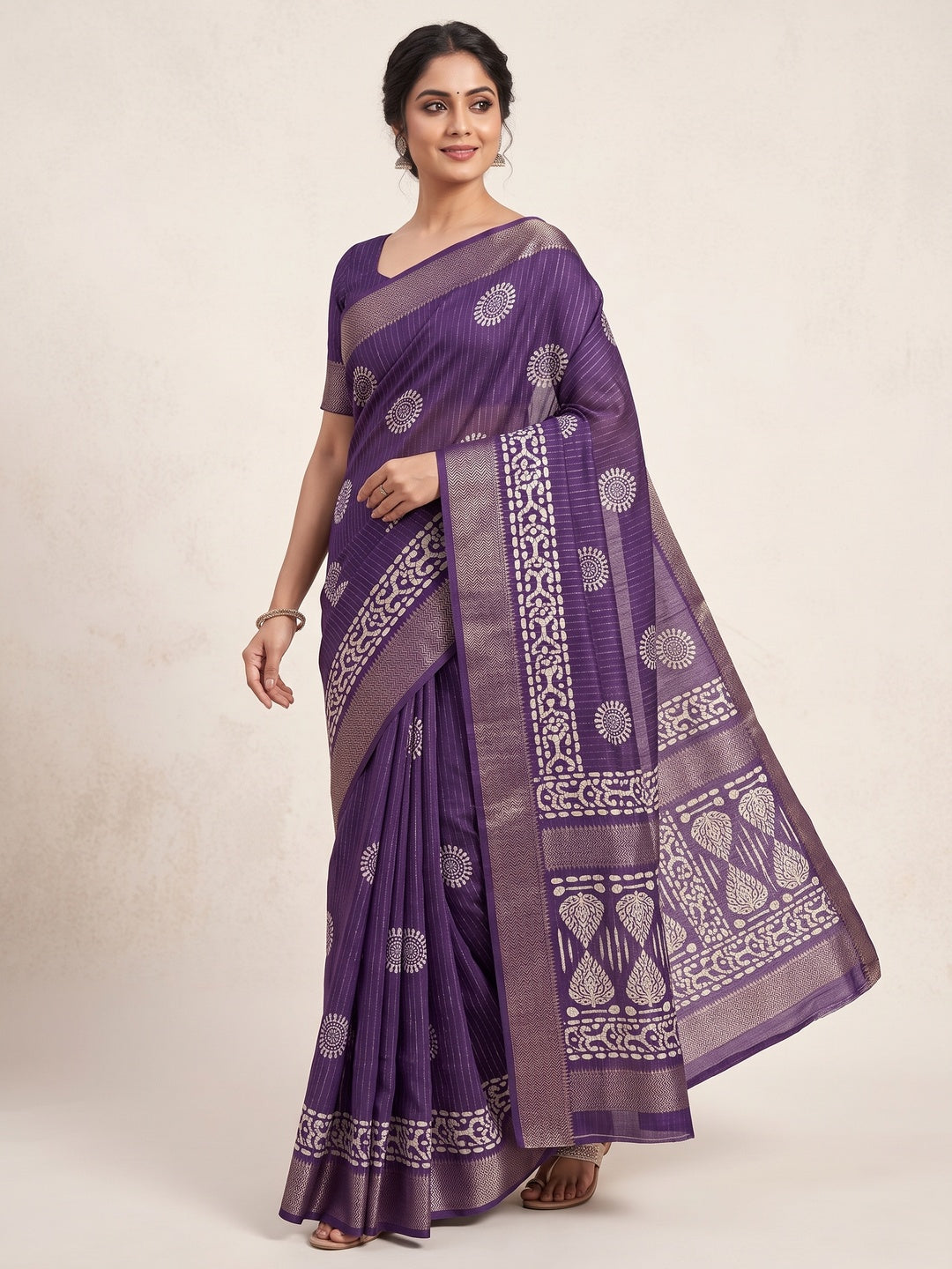 Classic Deep Violet Dola Silk Saree Adorned with Floral Motifs & Rich Zari Work - Image 5
